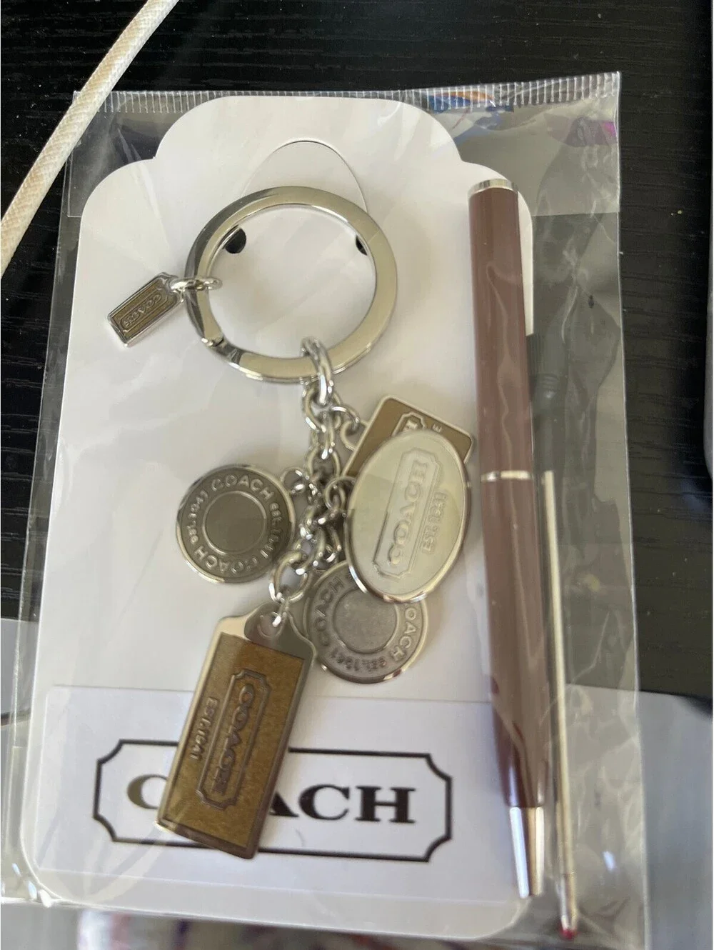 Coach Silver and Brown Logo Charms Keychain & Matching Pen NIP